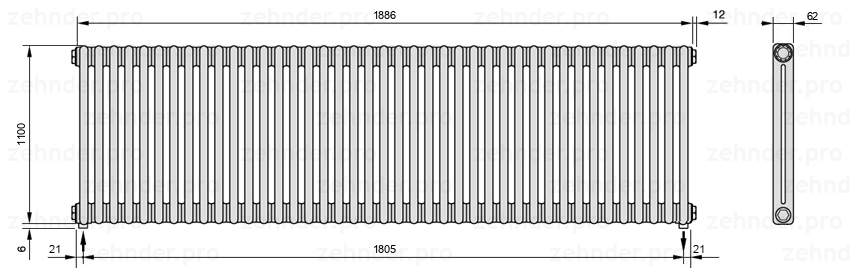 Схема (чертеж) Радиатор Zehnder Charleston 2110/41 №3570 Белый глянцевый RAL 9016